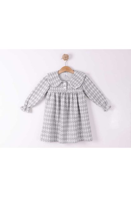 Baby Girls' Long Sleeve Jacquard Lycra Cotton Dress with Collar and Elastic Sleeves