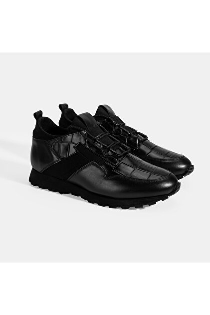 Men's Black Crocodile Printed Lace-Up Leather Sports Shoes
