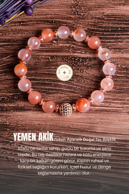 Sertifikalı Yemen Akik Doğal Taş Zirkon Aparatlı Bileklik