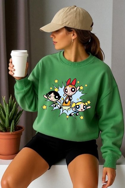 Unisex Long Sleeve Powerpuff Girls Transfer Printed Crew Neck Sweatshirt