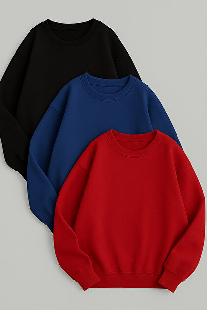 Unisex 3'lü Kırmızı Mavi Siyah Bisiklet Yaka Oversize Sweatshirt