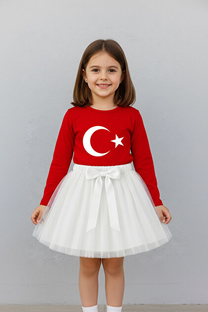 Girl's Red Long Sleeve Moon Star T-Shirt White Tutu Skirt Set April 23 October 29 Performance Outfit