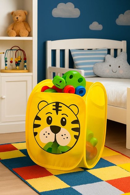 Foldable Mesh Toy Basket / Laundry Bin - Tiger Pattern Children's Room Organizer Yellow