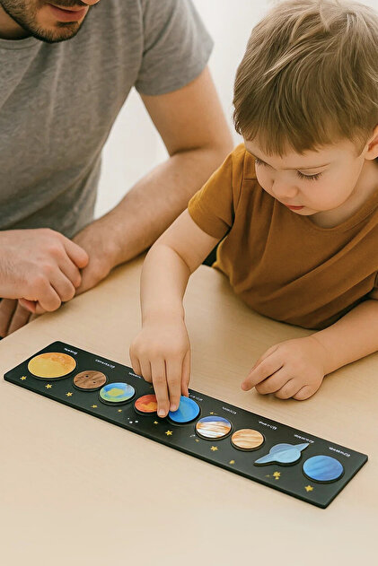 Wooden English Planets Small Puzzle Set - Solar System 9 Planets Montessori Educational Toy