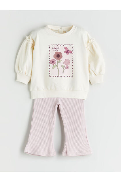 Ecru Floral Baby Girl Sweatshirt and Leggings 2-Piece Set