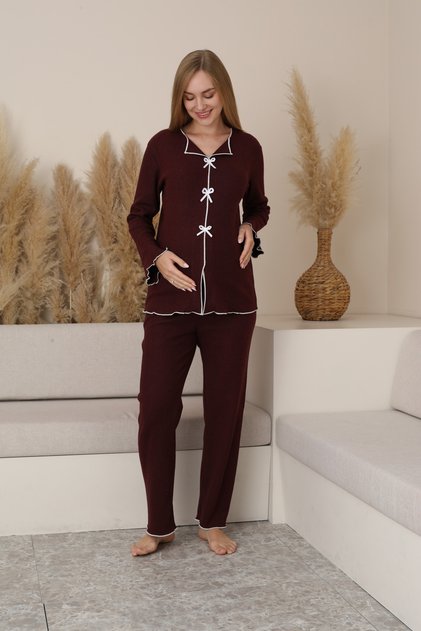 Burgundy Maternity and Postpartum Long Sleeve Soft Fabric Bow Tie Waist Adjustable Pajama Set