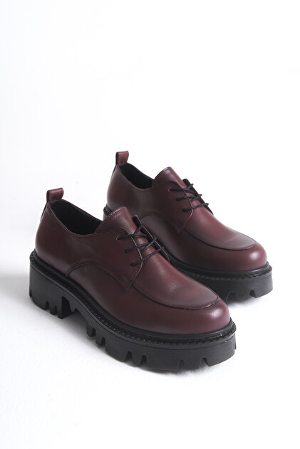 JULİA Hakiki Deri Kadın Bağcıklı Bordo Loafer Ayakkabı