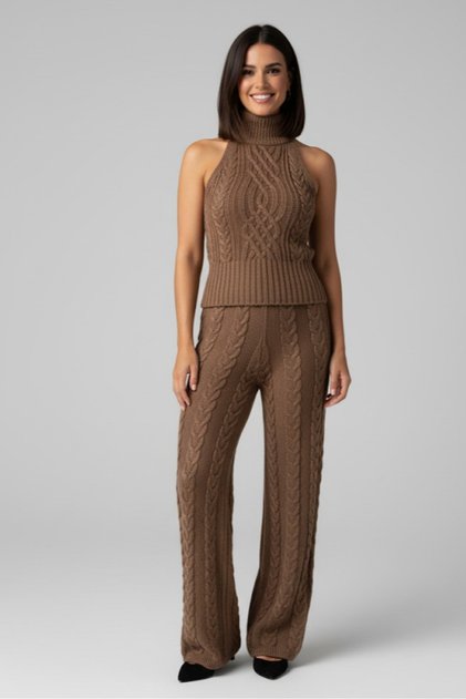 Milky Coffee Sleeveless Blouse Pants Set - 3009