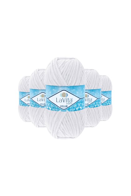 Velur Velvet Hand Knitting Yarn 100% Polyester 500Gr 5 Pieces (1002 Optical White)