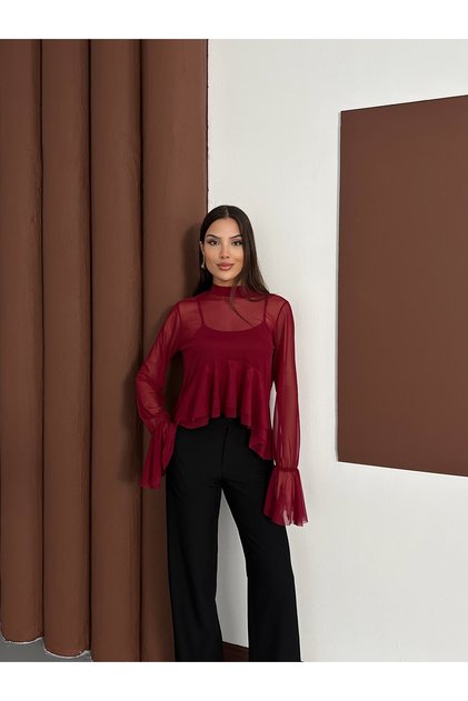 Women's Burgundy Tulle Blouse with Ruffle Detail and Scarf Collar