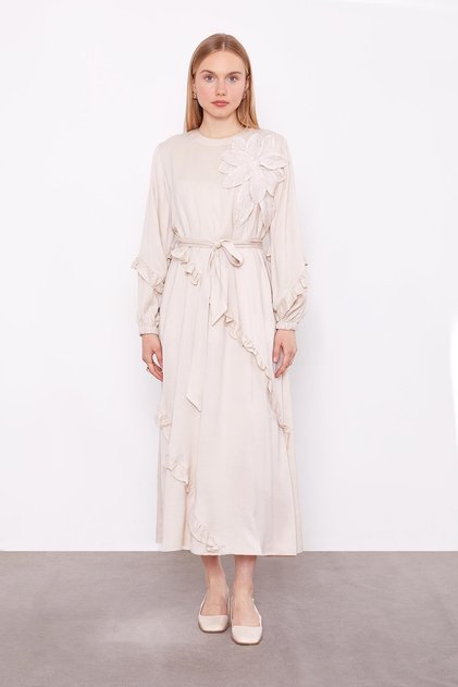 Light Beige Collared Cupra Dress with Floral Detail