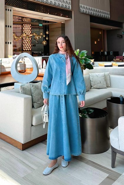 Ice Blue Denim Skirt Set