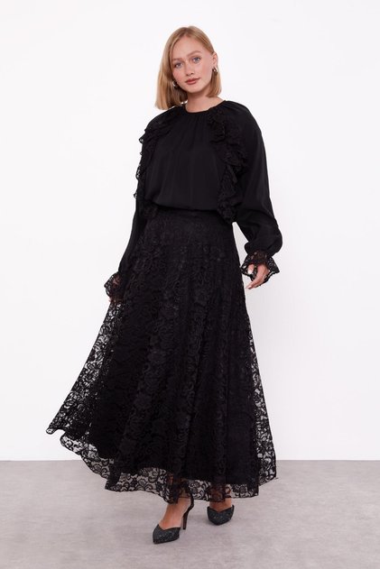 Black Shoulder Ruffle Detailed Cupra Skirt Set