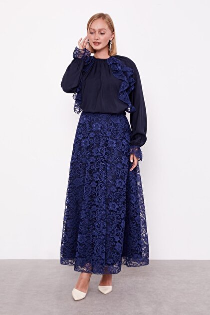 Navy Blue Shoulder Ruffle Detailed Cupra Skirt Set