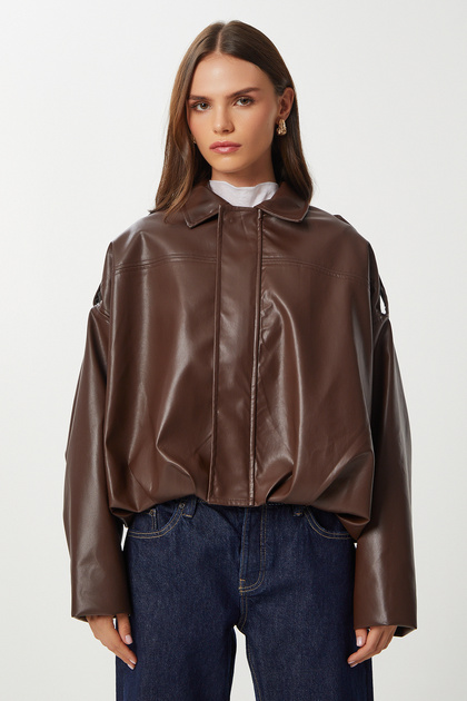 Lovelyİstanbul Faux Leather Bomber Jacket Loh0012 Brown- Trendyol