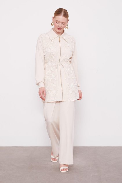 Beige Flower-Embroidered Two-Piece Set