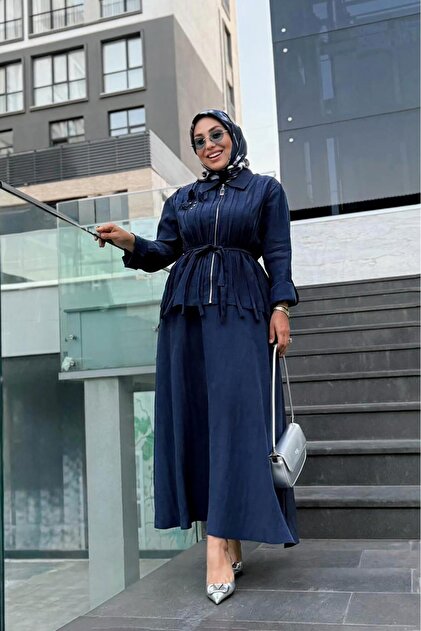 Navy Blue Stone Detailed Cupra Skirt Set