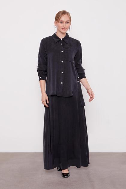 Black Cross Button Detail Cupra Skirt Set