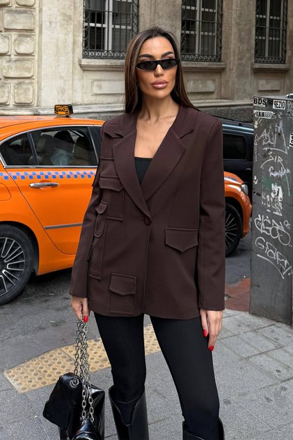 Jachetă blazer cu design de buzunar maro