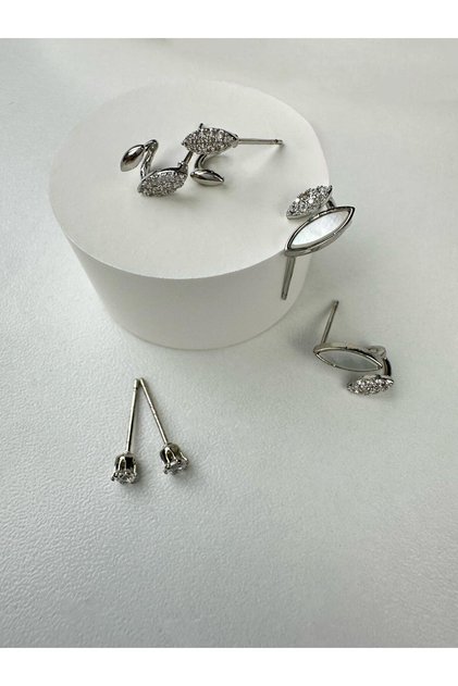 Stone Leaf 3-Piece Silver Earring Set