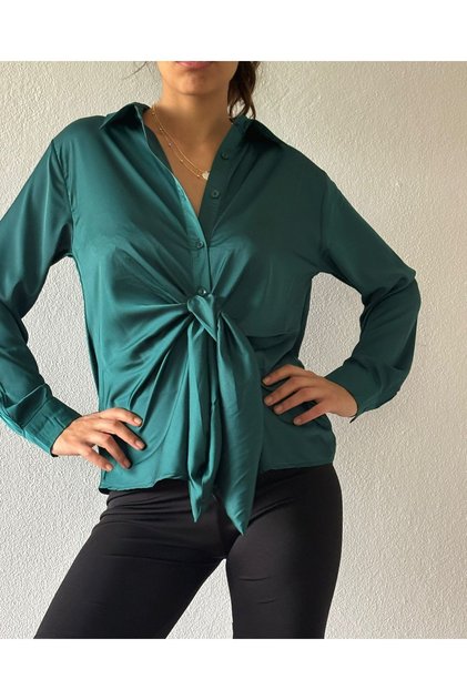 Woven Satin Long Sleeve Tie-Up Shirt
