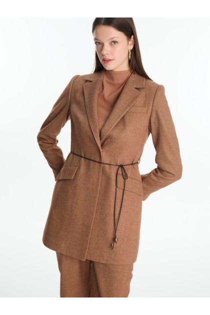 Zühre Kadın Kruvaze Yaka Deri İp Detaylı Taba Kombin Takım TK-1694