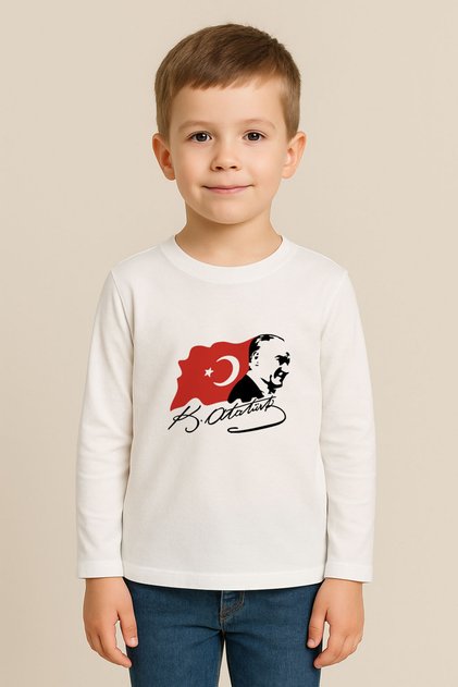 Mustafa Kemal Ataturk Printed White Crew Neck Combed Cotton Fabric Kids T-Shirt Blouse