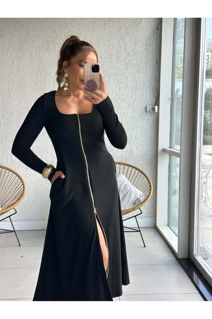 Buketli̇ Women's Front Zipper Maxi Length Long Sleeve Ottoman Dress