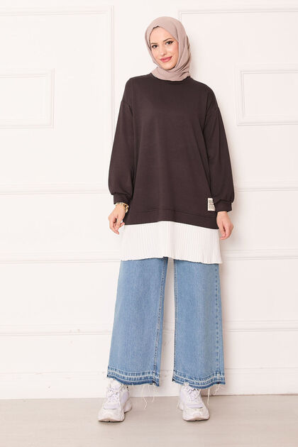 Loose Tunic with Pleated Skirt and Garnish in Brown