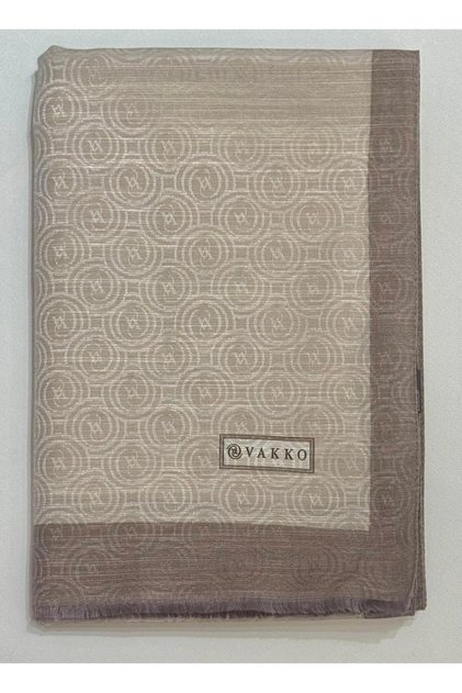 Pamuk İpek Şeritli Monogram Şal 41728-Vizon