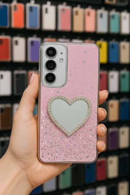 Samsung Galaxy A16 Case Camera Protruding Glittery Heart Mirrored Slim Premium Quality Cover