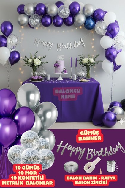 Happy Bırthday Yazısı ve Gümüş Konfetili 30 Adet Mor Gümüş Balon Parti Konsepti Doğum Günü Süsleme