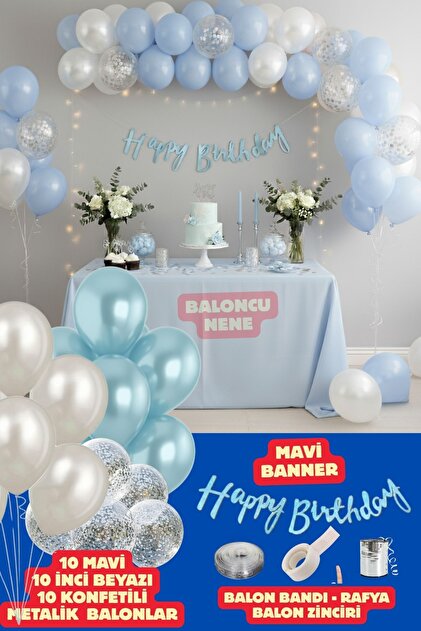 Mavi Happy Bırthday Yazısı Gümüş Konfetili 30 Adet İnci Beyaz Mavi Balon Parti Doğum Günü Konsepti