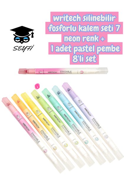Writech Erasable Highlighter Pen Set 7 Neon Colors + 1 Pastel Pink 8-Piece Set