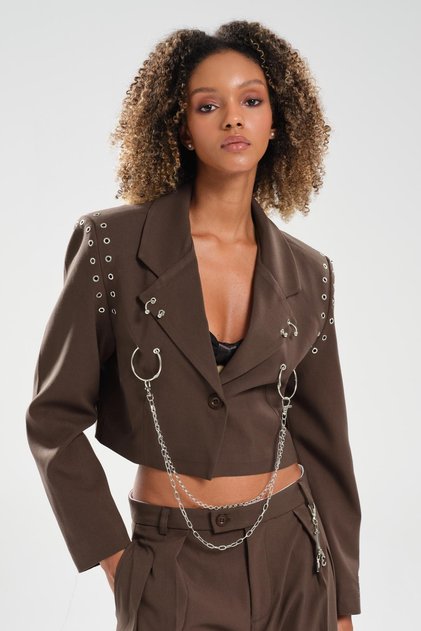 Women's Eyelet Chain Detailed Design Blazer Jacket