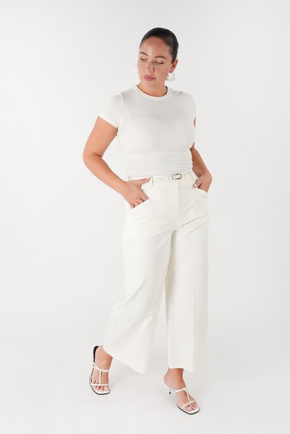 Cotton Crop Pants with Elastic Waist and Wide Legs