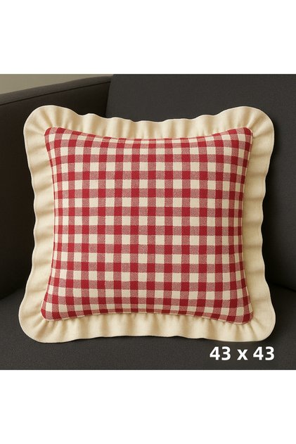 Ruffle Detailed Throw Pillow Cover Made of Gingham Zefir Fabric 43X43 cm Red-White