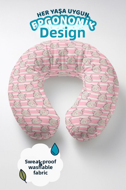 Cute Cat Pattern Cotton Neck Pillow - Striped Pink Gray Soft Travel Pillow
