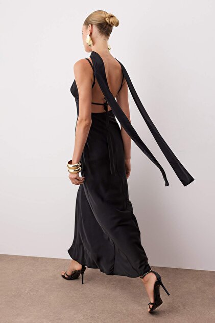Trendyol Collection Black Shawl Detailed Satin Woven Maxi Evening Dress  Night Homecoming Dress Tprss25El00312- Trendyol