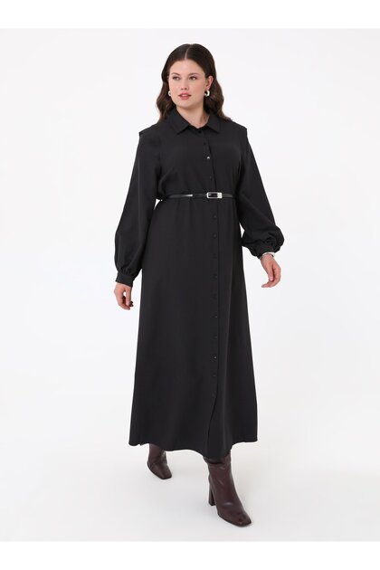 Crepe Fabric Aller Detailed Plus Size Dress - Black - Alia