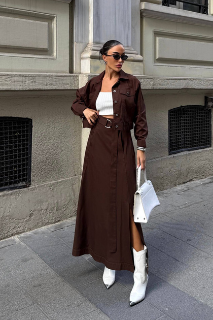 Brown Slit Design Skirt Jacket Women's Set