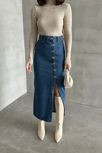 Fustă din denim pentru femei, lungă până la gleznă, cu fentă lungă, croială slim, albastră