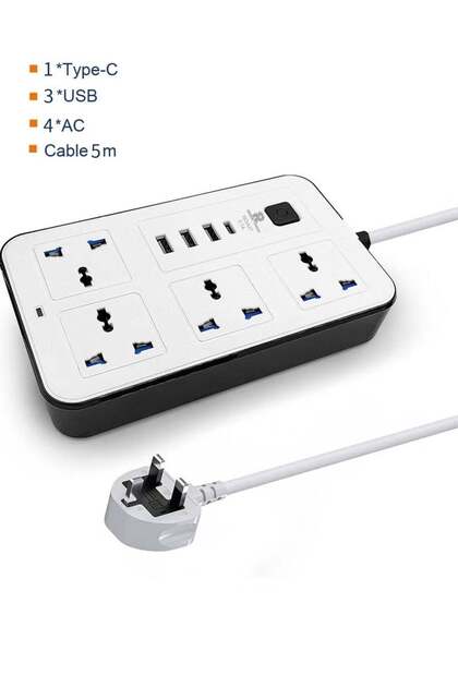 2500w Universal Extension Cord 3M cable, with 4 Power Socket and 3 USB Slots type C PD Charging slot