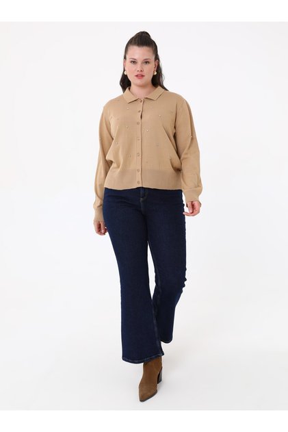 Plus Size Stone Detailed Knitwear Cardigan - Beige-
