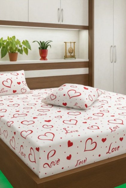 Double King Size Cotton Fitted Sheet Set with Signature Heart Written Pointed Detail