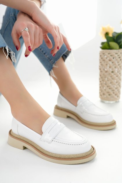 Velora Model White Skin Patent Leather Detailed Women's Loafer Casual Shoes Moccasin