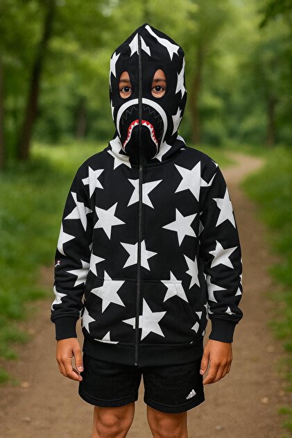 AXXAN Erkek Bape Dijital Yıldız Baskılı Kapüşonu Fermuarlı Hırka