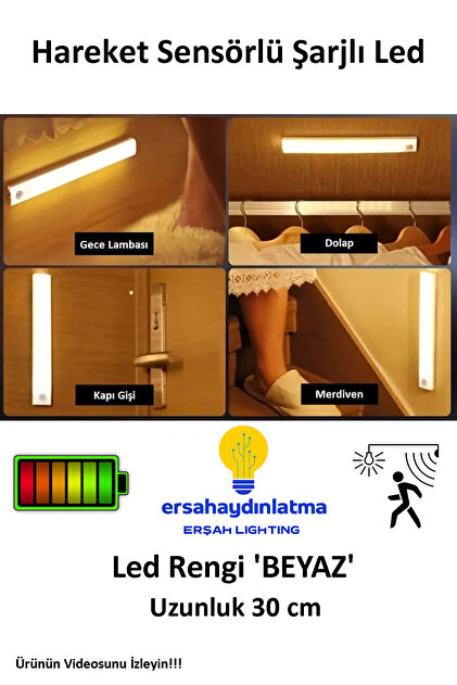 erşahaydınlatma Hareket Sensörlü Şarjlı Led Lamba 30 Cm Beyaz Renk
