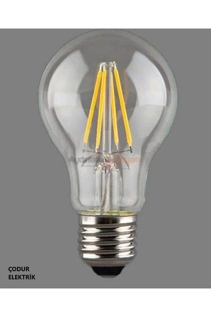 6w = 50w Eşdeğer 2700 Kelvin Sarı Işık E27 Duylu Flamanlı Şeffaf Led Ampul 650 Lümen F Enerji Sınıfı