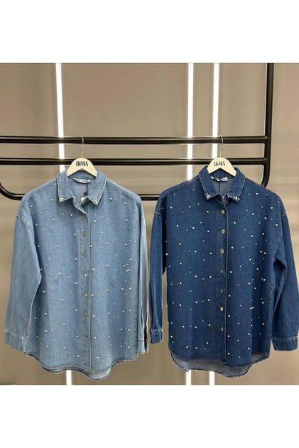 Women's Beaded Navy Blue Dark Denim Shirt